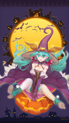 Rule 34 | 1girl, :d, absurdres, artist name, asymmetrical legwear, between legs, blue footwear, blue hair, breasts, cape, cleavage, collarbone, elbow gloves, floating hair, full body, gloves, green eyes, hair between eyes, hair ornament, halloween, halloween costume, hand between legs, hat, hatsune miku, hcandersen, highres, long hair, looking at viewer, open mouth, pantyhose, purple cape, purple gloves, purple hat, small breasts, smile, solo, striped clothes, striped legwear, striped pantyhose, twintails, uneven legwear, vertical-striped clothes, vertical-striped pantyhose, very long hair, vocaloid, white legwear, witch hat