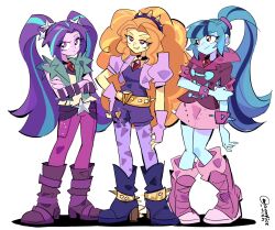 Rule 34 | 2girls, 3girls, adagio dazzle, adagio dazzle (human), aqua hair, aria blaze, aria blaze (human), arm at side, arrcticc fish, averting eyes, bare arms, bare shoulders, belt, blue eyeshadow, blue hair, blue skin, blunt bangs, boots, bracelet, breasts, bright pupils, closed mouth, coat, collared coat, collared jacket, colored skin, commentary, crossed arms, curly hair, english commentary, eyeshadow, fingerless gloves, frown, full body, gem, gloves, gold belt, green coat, hair ornament, hairband, hand on own arm, hand on own hip, high heel boots, high heels, high ponytail, highres, jacket, jewelry, knees together feet apart, long hair, looking ahead, looking up, makeup, multicolored hair, multiple bracelets, multiple girls, my little pony, my little pony: equestria girls, my little pony: friendship is magic, necklace, open clothes, open coat, open mouth, orange eyes, orange eyeshadow, orange hair, pants, pantyhose, parted bangs, pencil skirt, pink bracelet, pink eyes, pink footwear, pink jacket, pink pants, pink skirt, puffy short sleeves, puffy sleeves, purple belt, purple bracelet, purple eyeshadow, purple footwear, purple gloves, purple hair, purple hairband, purple jacket, purple pantyhose, purple shirt, purple shorts, purple skin, raised eyebrow, red gemstone, shadow, shirt, short-sleeved jacket, short sleeves, shorts, sidelocks, skirt, sleeveless, sleeveless coat, sleeveless shirt, small breasts, smile, sonata dusk, sonata dusk (human), spiked belt, spiked boots, spiked bracelet, spiked hairband, spikes, standing, star (symbol), star hair ornament, streaked hair, twintails, twitter username, two-tone hair, very long hair, white background, white pupils, white shirt, yellow skin