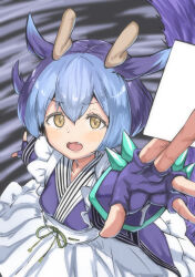 Rule 34 | 1girl, apron, blue hair, blush, card, commentary request, dragon girl, dragon horns, dragon tail, duel monster, fang, fingerless gloves, frilled skirt, frills, gloves, hair between eyes, holding, holding card, horns, laundry dragonmaid, looking at viewer, maid, maid apron, misaho mi, mixed maids, multicolored hair, open mouth, purple gloves, purple hair, short hair, sidelocks, skirt, solo, spiked gloves, tail, two-tone hair, wa maid, white blank card, white skirt, yellow eyes, yu-gi-oh!