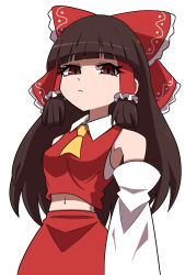 Rule 34 | 1girl, ascot, bare shoulders, blunt bangs, blunt tresses, bow, breasts, closed mouth, commentary request, detached sleeves, eyelashes, frilled hair tubes, frills, from below, hair bow, hair tubes, hakurei reimu, highres, medium breasts, midriff, navel, omoitsuka, red bow, red skirt, red vest, simple background, skirt, skirt set, solo, touhou, vest, white background, wing collar, yellow ascot