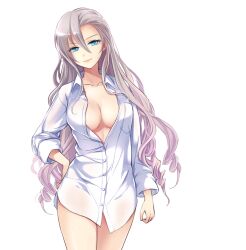 Rule 34 | 1girl, asymmetrical bangs, blue eyes, breast pocket, breasts, cleavage, closed mouth, collarbone, cowboy shot, freyja (master of eternity), game cg, grey hair, hand on own hip, large breasts, lips, long hair, looking at viewer, master of eternity, no bra, no pants, non-web source, official art, open clothes, open shirt, pajamas, partially unbuttoned, pocket, see-through, see-through sleeves, shirt, simple background, solo, transparent background, very long hair, white pajamas, white shirt