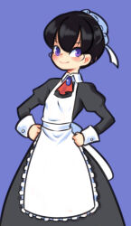 Rule 34 | 1girl, apron, black dress, black hair, blue background, blush, drantyno, dress, hands on own hips, hat, long sleeves, looking at viewer, maid, maid apron, megu (ryuhi), puffy sleeves, purple eyes, short hair, smile, standing, white apron, white headwear