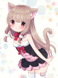 Rule 34 | smile, absurdres, animal ears, arms at sides, bare arms, bare shoulders, blush, bow, bowtie, breasts, brown hair, cat ears, cat girl, cat hair ornament, cat tail, cleavage, closed mouth, collar, cowboy shot, detached collar, dress, frilled collar, frills, from side, hair ornament, highres, layered dress, leaning forward, long hair, looking at viewer, nekomura yuyuko, off-shoulder dress, off shoulder, original, pleated dress, red bow, red bowtie, red eyes, short dress, sleeveless, sleeveless dress, small breasts, smile, standing, straight hair, tail, tail raised, thighhighs, thighs, white thighhighs, zettai ryouiki