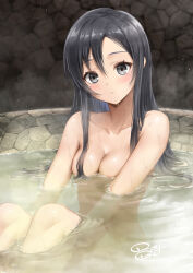 Rule 34 | 1girl, absurdres, bathing, black hair, blush, breasts, closed mouth, collarbone, completely nude, grey eyes, highres, hugging own legs, long hair, looking at viewer, medium breasts, mushoku tensei, nanahoshi shizuka, nipples, nude, onsen, partially submerged, royboy, signature, sitting, solo, water