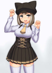 Rule 34 | 1girl, animal hat, bob cut, breasts, cat hat, cowboy shot, gradient background, hat, high-waist skirt, large breasts, long sleeves, looking at viewer, meme attire, miniskirt, myouan, necktie, open mouth, original, paw pose, pleated skirt, round teeth, short hair, skirt, smile, solo, teeth, thick eyebrows, thighhighs, virgin killer outfit, white thighhighs, zettai ryouiki