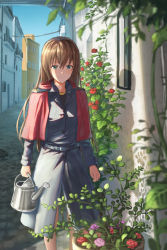 Rule 34 | 1girl, bad id, bad pixiv id, blue eyes, blush, brown hair, closed mouth, day, flower, highres, k ryo, long hair, looking at viewer, original, outdoors, plant, potted plant, smile, solo, watering can