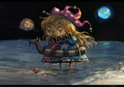 Rule 34 | 1girl, american flag dress, blonde hair, clownpiece, commentary, dress, earth (planet), fairy wings, hat, innertube, jester cap, koto inari, long hair, makeup, planet, runny makeup, sad, solo, swim ring, thought bubble, touhou, water, wet, wings