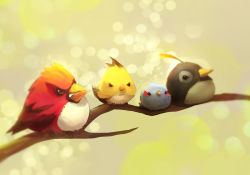 Rule 34 | angry, angry birds, animal, animal focus, bad id, bad pixiv id, bird, black bird (angry birds), blue bird (angry birds), bomb (angry birds), branch, chuck (angry birds), ethe, no humans, realistic, red (angry birds), signature, sitting, yellow bird (angry birds)