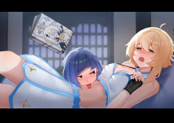 Rule 34 | 2girls, absurdres, bare shoulders, black eyes, black gloves, blonde hair, blue hair, blush, book, breasts, chinese commentary, cleavage, commentary request, crop top, crying, crying with eyes open, genshin impact, gloves, highres, indoors, letterboxed, licking, licking navel, looking at another, lumine (genshin impact), medium breasts, midriff, multiple girls, navel, open mouth, paimon (genshin impact), partially fingerless gloves, romper, shirt, skirt, tears, tongue, tongue out, white romper, white shirt, white skirt, yehangqi3642, yelan (genshin impact), yellow eyes, yuri