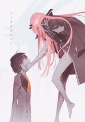 Rule 34 | 10s, 1boy, 1girl, barefoot, black hair, darling in the franxx, different shadow, floating, hands on another&#039;s face, hiro (darling in the franxx), horns, jacket, jacket on shoulders, key visual, light smile, long hair, looking at another, military, military uniform, official art, pink hair, promotional art, short hair, spot color, tanaka masayoshi, uniform, zero two (darling in the franxx)