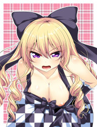 Rule 34 | 1girl, areola slip, ayanokouji mirei, bare shoulders, blonde hair, bow, breasts, checkered clothes, checkered dress, cleavage, downblouse, dress, drill hair, female focus, frilled gloves, frills, girlfriend (kari), gloves, hair bow, hand on own hip, large breasts, leaning forward, long hair, looking at viewer, open mouth, purple eyes, sendou hachi, solo, unmoving pattern