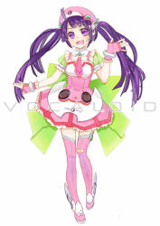 Rule 34 | 1girl, boots, chu (cryla), copyright name, frills, full body, gloves, heart, heart-shaped pupils, pink footwear, purple eyes, purple hair, solo, symbol-shaped pupils, thighhighs, tone rion, vocaloid, waving, white background, zettai ryouiki