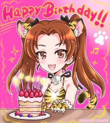 Rule 34 | 1girl, :3, :d, animal ears, animal hands, animal print, artist name, beamed eighth notes, bikini, birthday cake, black bow, bow, breasts, brown eyes, brown hair, cake, chinese zodiac, commentary request, dated, english text, fangs, food, girls und panzer, gloves, hair bow, halterneck, happy birthday, kadotani anzu, kemonomimi mode, kuromori yako, long hair, looking at viewer, musical note, new year, open mouth, parted bangs, paw gloves, paw print, plate, print bikini, small breasts, smile, solo, sparkle, swimsuit, tail, tiger ears, tiger print, tiger tail, twintails, year of the tiger, yellow bikini