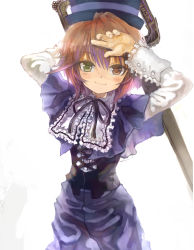 Rule 34 | 00s, 1girl, androgynous, arms up, asuka shirou, blush, brown hair, female focus, gender request, hat, heterochromia, rozen maiden, short hair, simple background, smile, solo, solo focus, souseiseki, white background
