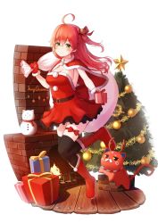 Rule 34 | 1girl, 35p (sakura miko), absurdres, ahoge, antlers, belt, belt buckle, black thighhighs, blush, boots, box, breasts, buckle, cat, christmas, christmas ornaments, christmas tree, cleavage, gift, gift box, gloves, green eyes, hair ornament, hairclip, highres, hololive, horns, kintoki (sakura miko), looking at viewer, nyan (reinyan 007), parted lips, pink hair, red footwear, red gloves, reindeer antlers, sack, sakura miko, santa costume, snowman print, thighhighs, virtual youtuber, white background, wooden floor, x hair ornament