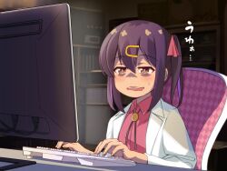 Rule 34 | 1girl, black hair, blush, bolo tie, brown eyes, chuutaro metal, commentary, drooling, hair between eyes, hair ornament, hair ribbon, hairclip, indoors, keyboard (computer), lab coat, long sleeves, medium hair, monitor, mouth drool, multicolored hair, onii-chan wa oshimai!, open mouth, oyama mihari, pubic hair, purple hair, red ribbon, red shirt, ribbon, shaded face, shirt, solo, sweatdrop, twintails, two-tone hair, wing collar