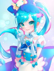 Rule 34 | 1girl, 2022, aoi itou, aqua eyes, blue hair, commentary request, cure spicy, delicious party precure, dress, earrings, eyelashes, fuwa kokone, gloves, gradient background, hair ornament, happy, highres, jewelry, long hair, looking at viewer, magical girl, multicolored hair, pink hair, ponytail, precure, signature, smile, solo, standing, streaked hair, white gloves