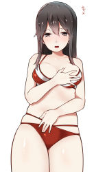 Rule 34 | 10s, 1girl, absurdres, akagi (kancolle), bare shoulders, bikini, blush, breasts, brown eyes, brown hair, collarbone, embarrassed, hair between eyes, hand on breast, highres, kantai collection, long hair, medium breasts, mitsudoue, open mouth, simple background, solo, straight hair, swimsuit