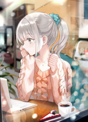 Rule 34 | 1girl, black eyes, blunt bangs, blurry, blurry background, cake, coffee, computer, earrings, food, glass wall, grey hair, highres, iren lovel, jewelry, long hair, necklace, original, ponytail, solo, sweater
