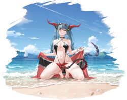 Rule 34 | 1girl, azur lane, beach, black collar, black one-piece swimsuit, breasts, collar, covering privates, covering crotch, dragon girl, dragon horns, dragon tail, eyewear on head, flag, full body, green hair, halterneck, highres, holding, holding flag, horns, kneeling, mechanical tail, medium breasts, navel, non-humanoid robot, non-web source, ocean, official alternate costume, official art, one-piece swimsuit, regensburg (azur lane), regensburg (dark dragon brilliant beach) (azur lane), robot, ship, sky, slingshot swimsuit, solo, stomach, sunglasses, swimsuit, tail, twintails, watercraft, yd (orange maru), yellow eyes, zoom layer