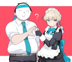 Rule 34 | 1boy, 1girl, ?, apron, doodle sensei (blue archive), black dress, black gloves, blonde hair, blue archive, blue eyes, blue necktie, blue ribbon, closed mouth, dress, fingerless gloves, futapi, gloves, heart hands failure, highres, juliet sleeves, long sleeves, looking at viewer, maid, maid headdress, necktie, puffy sleeves, red background, ribbon, sensei (blue archive), shirt, smile, thumbs up, toki (blue archive), two-tone background, white apron, white background, white shirt