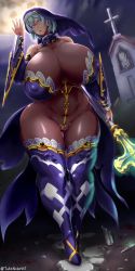 Rule 34 | 1girl, absurdres, blue hair, breasts, church, cleavage, covered erect nipples, curvy, dark-skinned female, dark skin, gigantic breasts, highres, huge breasts, moon, night, nun, partially visible vulva, purple eyes, purple thighhighs, revealing clothes, solo, standing, takenokovst, thick thighs, thighhighs, thighs, wide hips
