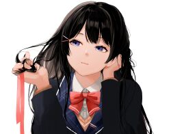 Rule 34 | 1girl, black hair, black jacket, blazer, blue eyes, bow, bowtie, brown sweater, collared shirt, dress shirt, hair down, half-closed eyes, hand on own head, hands up, head rest, head tilt, highres, holding, holding ribbon, jacket, light smile, lips, long hair, looking to the side, messy hair, multicolored eyes, nijisanji, playing with own hair, purple eyes, red bow, red bowtie, red ribbon, ribbon, school uniform, shirt, simple background, solo, straight-on, sweater, tsukino mito, tsukino mito (1st costume), umeume332, upper body, virtual youtuber, white background, white shirt