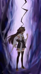 Rule 34 | 10s, 1girl, ahoge, black skirt, blue background, brown hair, brown thighhighs, clenched hand, closed mouth, detached sleeves, double bun, from side, full body, gon-san, hair bun, hakama, hakama short skirt, hakama skirt, headgear, huge ahoge, hunter x hunter, japanese clothes, kantai collection, kongou (kancolle), long hair, looking to the side, mushi gyouza, nontraditional miko, purple eyes, ribbon-trimmed sleeves, ribbon trim, sash, shaded face, skirt, solo, standing, thighhighs