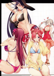 Rule 34 | 4girls, absurdres, ass, bikini, breasts, butt crack, cleavage, collar, earrings, fate/grand order, fate (series), flower, frankenstein&#039;s monster (fate), frankenstein&#039;s monster (swimsuit saber) (fate), frankenstein&#039;s monster (swimsuit saber) (first ascension) (fate), hair flower, hair ornament, hair over one eye, hat, heart, hibiscus, highres, jewelry, looking at viewer, looking back, marie antoinette (fate), marie antoinette (fate/grand order), marie antoinette (swimsuit caster) (fate), marie antoinette (swimsuit caster) (first ascension) (fate), martha (fate), martha (swimsuit ruler) (fate), martha (swimsuit ruler) (first ascension) (fate), marushin (denwa0214), multiple girls, navel, one-piece swimsuit, open mouth, scan, scathach (fate), scathach (fate/grand order), scathach (swimsuit assassin) (fate), simple background, sitting, smile, sun hat, swimsuit, thighs, twintails, v