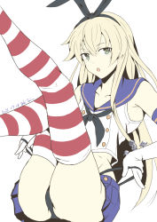 Rule 34 | 1girl, artist name, ass, black panties, blonde hair, blue skirt, chestnut mouth, dated, elbow gloves, gloves, grey eyes, highres, kantai collection, legs up, long hair, looking at viewer, one-hour drawing challenge, panties, panty pull, shimakaze (kancolle), skirt, solo, striped clothes, striped thighhighs, taira yuuki, thighhighs, thong, underwear, wedgie