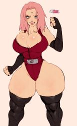 Rule 34 | 1girl, artist name, ass, blush, breasts, cleavage, collarbone, curvy, elbow gloves, fingerless gloves, gloves, green eyes, haruno sakura, highres, huge ass, huge breasts, jay-marvel, konohagakure symbol, leotard, long hair, naruto (series), pink hair, simple background, smile, solo, thick thighs, thighhighs, thighs, wide hips