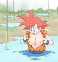 Rule 34 | 1girl, blue eyes, breasts, breasts out, caisamax, collarbone, crossover, dragon ball, genderswap, genderswap (mtf), highres, large breasts, nipples, open clothes, open shirt, orange shirt, partially submerged, ranma 1/2, red hair, shirt, sleeveless, sleeveless shirt, solo, son goku, water
