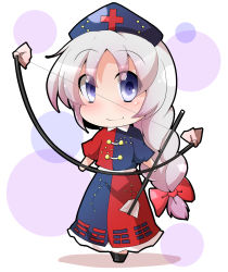 Rule 34 | 1girl, arrow (projectile), blouse, blue eyes, bow, bow (weapon), braid, chibi, constellation, cross, female focus, hair bow, hat, highres, hiro (pqtks113), long hair, looking at viewer, shirt, short hair, silver hair, simple background, skirt, smile, solo, standing, touhou, trigram, weapon, white background, yagokoro eirin