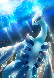 Rule 34 | 1other, closed mouth, creatures (company), fang, game freak, gen 2 pokemon, heart, highres, legendary pokemon, looking at viewer, looking back, lugia, marine day, nintendo, no humans, ocean, pokemon, pokemon (creature), red eyes, skin fang, sparkle, sunlight, tosaka rai, underwater, water