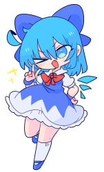 Rule 34 | &gt; o, 1girl, ahoge, arms behind back, blue bow, blue dress, blue eyes, blue footwear, blue hair, bow, bowtie, cirno, dress, fang, full body, hair bow, highres, ice, ice wings, looking at viewer, one eye closed, op na yarou, open mouth, pinafore dress, red bow, red bowtie, shirt, short eyebrows, short hair, short sleeves, simple background, sleeveless dress, solo, standing, touhou, v, white background, white shirt, wings