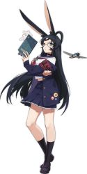 Rule 34 | 1girl, aircraft, airplane, alternate costume, animal ears, armband, azur lane, badge, black-framed eyewear, black choker, black footwear, black hair, blue eyes, button badge, buttons, choker, crop top, crossed arms, full body, highres, holding, jacket, loafers, long hair, long sleeves, miniskirt, neckerchief, official art, open clothes, open jacket, open mouth, pleated skirt, purple footwear, purple sailor collar, purple skirt, rabbit, rabbit ears, red neckerchief, round eyewear, sailor collar, school uniform, semi-rimless eyewear, serafuku, shikigami, shirt, shoes, skirt, sleeves past wrists, socks, solo, souryuu (azur lane), souryuu (the counselor girl) (azur lane), standing, straight hair, tachi-e, transparent background, unbuttoned, under-rim eyewear, very long hair, white shirt, xiao (ye yiaoxi)