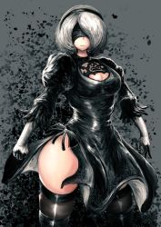 Rule 34 | 1girl, black blindfold, black dress, black hairband, blindfold, boots, breasts, cleavage, cleavage cutout, clothing cutout, covered eyes, curvy, dress, endorosu, feather-trimmed sleeves, hairband, highres, juliet sleeves, leather, leather boots, long sleeves, medium breasts, mole, mole under mouth, nier (series), nier:automata, puffy sleeves, see-through, see-through legwear, silver hair, solo, thick thighs, thigh boots, thighhighs, thighhighs under boots, thighs, wide hips, 2b (nier:automata)
