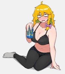 Rule 34 | 1girl, ahoge, bad id, bad twitter id, bags under eyes, beer can, black bra, black pants, blonde hair, blush, bow, bra, braid, breasts, can, cleavage, commentary request, cookie (touhou), drink can, drunk, full body, green eyes, grey background, grey socks, hair bow, highres, holding, holding can, kirisame marisa, large breasts, long hair, looking at viewer, mars (cookie), navel, no shirt, ohasi, open mouth, pants, plump, purple bow, side braid, simple background, single braid, sitting, socks, solo, touhou, underwear, yokozuwari