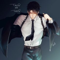 Rule 34 | 1boy, belt, black hair, final fantasy, final fantasy vii, formal, glaring, gun, highres, holding, holding weapon, holster, looking to the side, necktie, red eyes, s hitorigoto3, shirt, short hair, solo, square enix, suit, turks (ff7), vincent valentine, weapon, white shirt