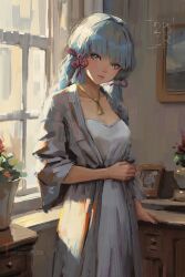 Rule 34 | 1girl, absurdres, artist name, ayaka (genshin impact), blue eyes, blue hair, blunt bangs, blunt tresses, blush, breasts, canvas (medium), cleavage, commentary, curtains, dress, faux traditional media, flower, genshin impact, hair ornament, hair ribbon, highres, impasto, indoors, long hair, looking at viewer, painterly, painting (object), parted lips, plant, potted plant, ravine bells, ribbon, sidelocks, small breasts, solo, standing, sunlight, upper body, vase, wide sleeves, window