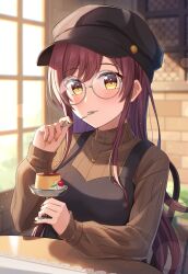 Rule 34 | 1girl, absurdres, beret, black dress, black hat, blush, brown sweater, cherry, closed mouth, dessert, dress, eating, food, fruit, glasses, hat, highres, holding, holding spoon, idolmaster, idolmaster shiny colors, indoors, jewelry, kurageso, long hair, long sleeves, looking at viewer, nail polish, necklace, osaki amana, pudding, red hair, ribbed sweater, round eyewear, sitting, sleeves past wrists, smile, solo, spoon, sweater, swept bangs, table, turtleneck, turtleneck sweater, utensil in mouth, whipped cream, yellow eyes