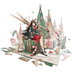 Rule 34 | 1girl, arknights, bow, box, brown hair, candy, candy cane, cardboard, character name, character snowman, christmas, christmas tree, crossed legs, dress, food, gift, gift box, green jacket, hair ribbon, highres, holding, holding scissors, huge weapon, ifrit (arknights), in legwear, jacket, kafka (arknights), kafka (cardboard fairy) (arknights), long hair, long sleeves, looking at viewer, norizc, official art, over shoulder, red dress, ribbon, scissors, sitting, smile, socks, solo, spring (object), star (symbol), string, weapon, white socks, yellow bow, yellow eyes, yellow ribbon