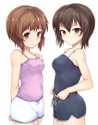 Rule 34 | 2girls, arm behind back, black shirt, black shorts, blush, camisole, casual, closed mouth, covered navel, cowboy shot, girls und panzer, hand on own chest, highres, kasai shin, light blush, light frown, looking at viewer, multiple girls, nishizumi maho, nishizumi miho, pink shirt, shirt, shirt tug, short hair, short shorts, shorts, siblings, simple background, sisters, standing, white background, white shorts