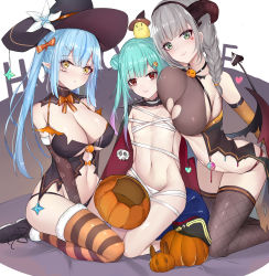 Rule 34 | 3girls, absurdres, alternate costume, arms behind back, blue hair, bow, bowtie, braid, braided ponytail, breast press, breasts, candy, cape, cleavage, closed mouth, clothing cutout, demon horns, demon tail, detached collar, elbow gloves, facial mark, fake horns, fake tail, flat chest, flower, food, gloves, green eyes, green hair, grey hair, hair bun, hair ornament, hairclip, halloween, halloween costume, hat, hat flower, heart, heart cutout, highres, hololive, horns, kneeling, large breasts, light blue hair, lingerie, looking at viewer, multiple girls, mummy costume, navel, pointy ears, pumpkin, red eyes, revealing clothes, revision, seiza, sherryqq, shirogane noel, single hair bun, sitting, smile, striped clothes, striped legwear, striped thighhighs, tail, thighhighs, twintails, underwear, uruha rushia, virtual youtuber, witch hat, yellow eyes, yukihana lamy