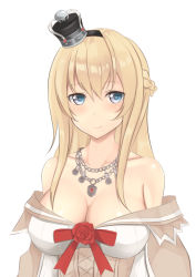 Rule 34 | 10s, 1girl, bare shoulders, blonde hair, blue eyes, blush, braid, brain, breasts, cleavage, collarbone, crown, dress, flower, french braid, hairband, jewelry, kantai collection, large breasts, long hair, long sleeves, looking at viewer, mini crown, necklace, off shoulder, red ribbon, red rose, ribbon, rose, rure, simple background, smile, solo, upper body, warspite (kancolle), white background, white dress