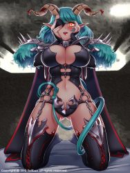 Rule 34 | 1girl, armor, bikini armor, black thighhighs, blue hair, blush, bracelet, breasts, bustier, chain, chaos online, cleavage, collar, covered erect nipples, dated, demon girl, demon tail, detached sleeves, ear piercing, eyepatch, female focus, garter straps, hands on own face, highres, hip focus, horns, jewelry, kneeling, large breasts, lips, midriff, navel, nosangsang, open mouth, original, piercing, pointy ears, satyr (chaos online), short hair, shoulder pads, shoulder spikes, solo, spikes, styxnia, swept bangs, tail, thighhighs, thighs, yandere trance, yellow eyes