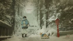Rule 34 | 1girl, animal, backpack, bag, black footwear, black hair, blue coat, boots, clothed animal, coat, commentary request, fennec fox, fox, from behind, highres, lantern, long sleeves, making-of available, original, outdoors, pleated skirt, scarf, scenery, skirt, snow, stairs, standing, striped clothes, striped scarf, torii, tree, white legwear, winter, winter clothes, winter coat, wooden lantern, xiaobanbei milk