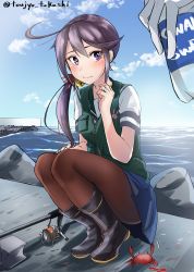 Rule 34 | 1girl, 1other, absurdres, akebono (kancolle), bell, black pantyhose, blue skirt, blue sky, bottle, cloud, commentary request, crab, day, dock, fishing rod, flower, full body, grey vest, hair bell, hair flower, hair ornament, highres, jingle bell, kantai collection, long hair, one-hour drawing challenge, outdoors, pantyhose, pleated skirt, purple eyes, purple hair, school uniform, serafuku, short sleeves, side ponytail, skirt, sky, solo focus, squatting, tetrapod, toujo tsukushi, very long hair, vest