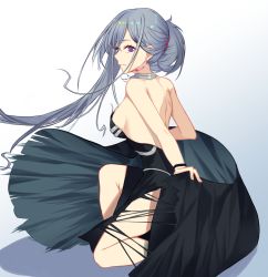 Rule 34 | 1girl, ak-12 (girls&#039; frontline), ak-12 (quiet azure) (girls&#039; frontline), back, bare shoulders, blue dress, bracelet, breasts, closed mouth, dress, earrings, from side, girls&#039; frontline, gradient hair, grey hair, hair up, halterneck, highres, holding, holding clothes, holding skirt, jewelry, long hair, medium breasts, multicolored hair, on one knee, purple eyes, sideboob, sidelocks, skirt, solo, squatting, talnory, thighs, very long hair