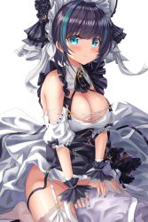Rule 34 | 1girl, absurdres, alternate costume, azur lane, bad id, bad pixiv id, blue eyes, blue hair, blush, breasts, cheshire (azur lane), cleavage, covering privates, covering crotch, enmaided, garter straps, hamstarhand, highres, large breasts, looking at viewer, maid, multicolored hair, no panties, pout, simple background, solo, white background